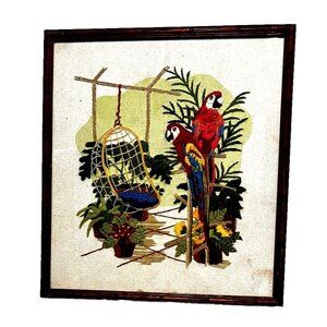 Vintage Parrot Birds Garden Cross Stitch Completed Framed 18" x 20"  Minor Stain